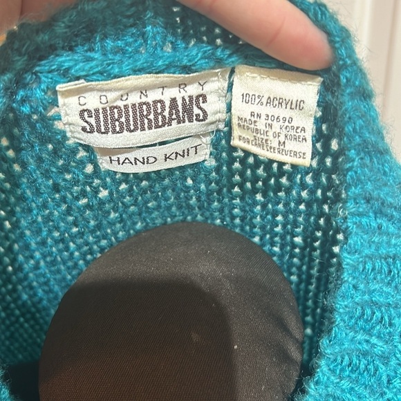 Country Suburbans Hand Knit Teal& Black Diamond Short Sleeve Sweater Size M - Picture 5 of 5